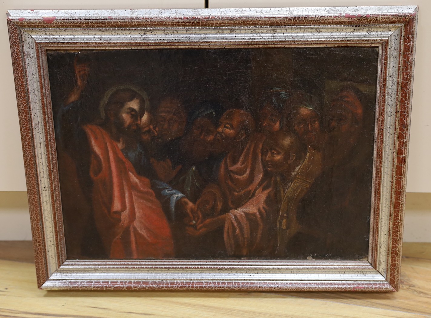 19th century Continental School, oil on canvas, Christ giving alms, 33 x 47cm